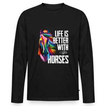 Das Leben ist besser mit Pferden - Männer Premium Bio Langarmshirt - Schwarz - Vorne - Nico (187cm)