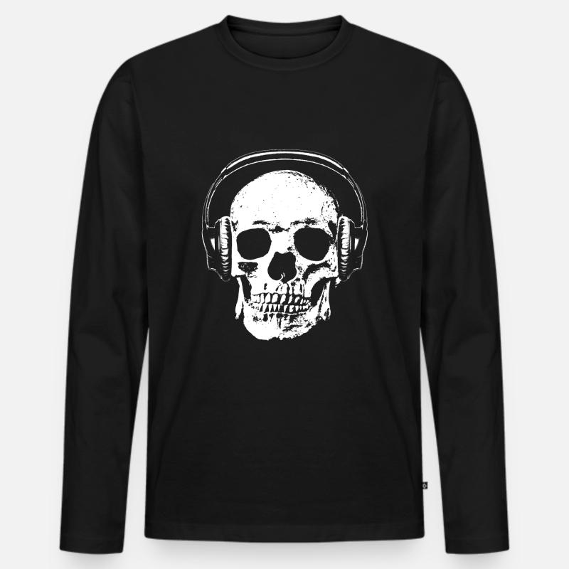 Totenkopf mit Kopfhörer - Männer Premium Bio Langarmshirt - Schwarz