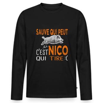 c'est Nico qui tire Humour Nicolas Nicole Chasse - T-shirt manches longues Premium bio Homme - noir - Devant - Nico (187cm)