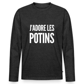 J'adore les potins | cadeau humour drôle - T-shirt manches longues Premium bio Homme - anthracite chiné - Devant - Nico (187cm)