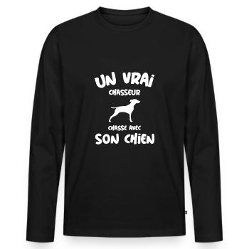 Un vrai chasseur chasse avec son chien humour - T-shirt manches longues Premium bio Homme - noir - Devant - Nico (187cm)