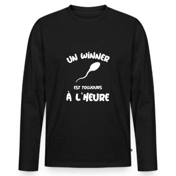 Un winner à l'heure humour spermatozoïde champion - T-shirt manches longues Premium bio Homme - noir - Devant - Nico (187cm)