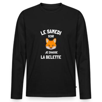 Samedi soir je chasse belette humour célibataire - T-shirt manches longues Premium bio Homme - noir - Devant - Nico (187cm)