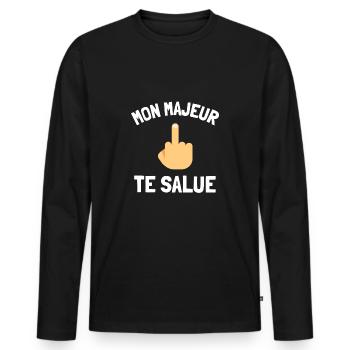 Mon majeur te salue humour doigt d'honneur - T-shirt manches longues Premium bio Homme - noir - Devant - Nico (187cm)