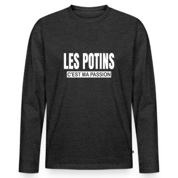Les potins c'est ma passion humour magazine people - T-shirt manches longues Premium bio Homme - anthracite chiné - Devant - Nico (187cm)