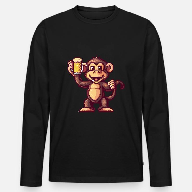 Affe Pixel Bier - Männer Premium Bio Langarmshirt - Schwarz