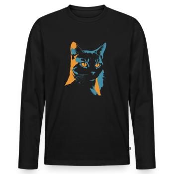 Explosion de couleurs : tête de chat en orange et bleu - T-shirt manches longues Premium bio Homme - noir - Devant - Nico (187cm)