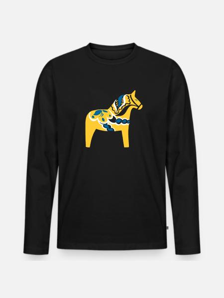 Svenska Dalahäst Sverige Gul Dalcarlian Häst - Ekologisk långärmad premium-T-shirt herr - svart