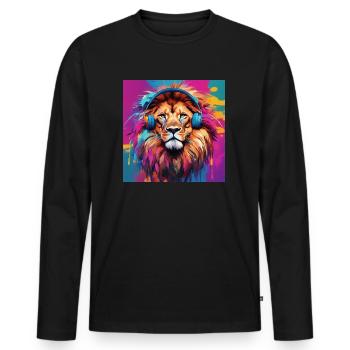 Lion avec des écouteurs - T-shirt manches longues Premium bio Homme - noir - Devant - Nico (187cm)