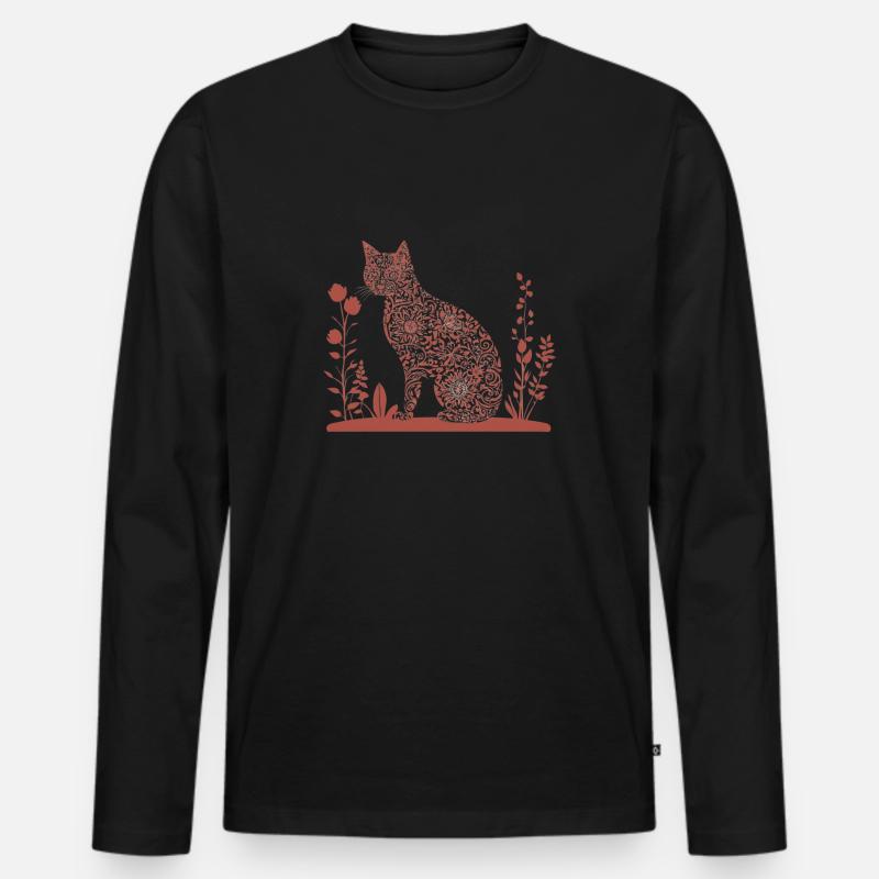 Katze und Blumen - Männer Premium Bio Langarmshirt - Schwarz