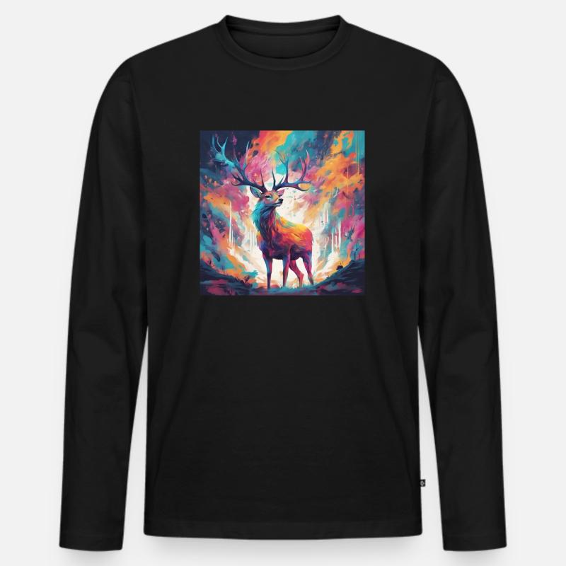 Buntes Hirschportrait - Männer Premium Bio Langarmshirt - Schwarz