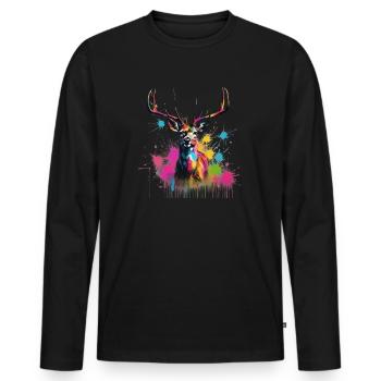 Buntes Hirschportrait - Männer Premium Bio Langarmshirt - Schwarz - Vorne - Nico (187cm)
