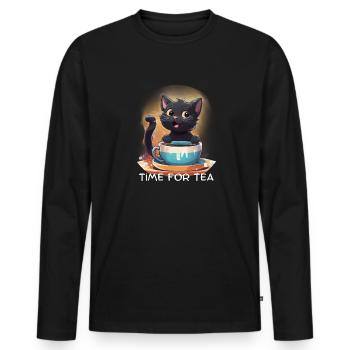 Katze mit Kaffee - Männer Premium Bio Langarmshirt - Schwarz - Vorne - Nico (187cm)