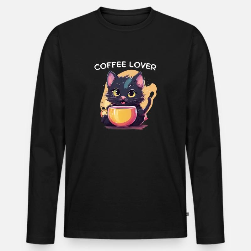 Katze mit Kaffee - Männer Premium Bio Langarmshirt - Schwarz