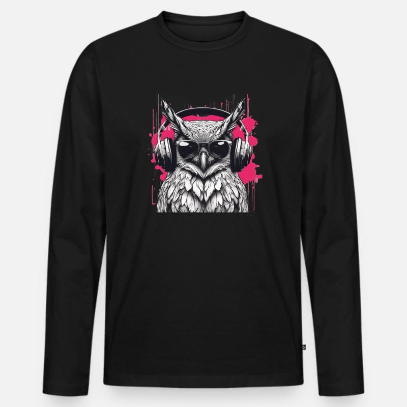 Eule mit Kopfhörer - Männer Premium Bio Langarmshirt - Schwarz
