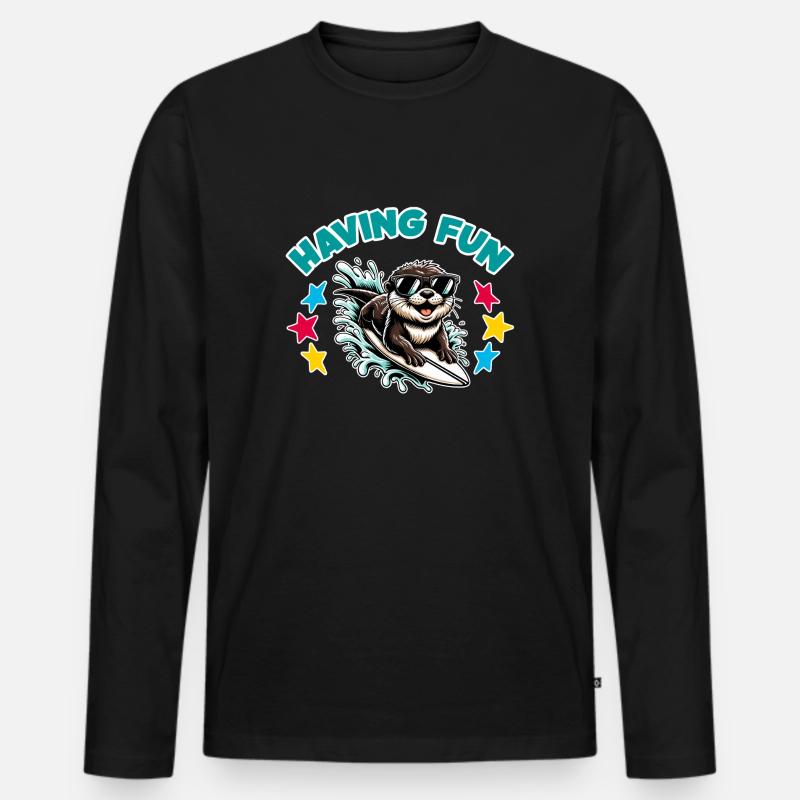 Lustiger surfender Otter mit Sonnenbrille - Männer Premium Bio Langarmshirt - Schwarz