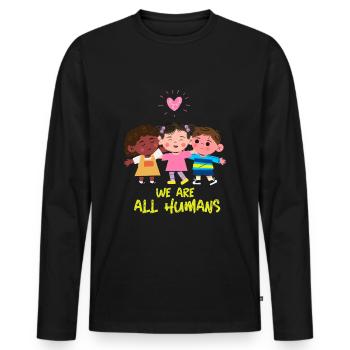 We are all Humans - Wir sind alle Menschen - Männer Premium Bio Langarmshirt - Schwarz - Vorne - Nico (187cm)