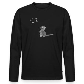 Chat en origami avec oiseaux blancs - T-shirt manches longues Premium bio Homme - noir - Devant - Nico (187cm)