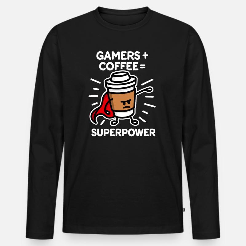 Spieler + Kaffee = Supermacht - Superheld - Held - Männer Premium Bio Langarmshirt - Schwarz