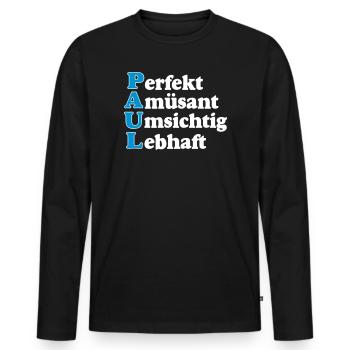 Paul,Vorname,Namensschild,Name,Fun Shirt (25) - Männer Premium Bio Langarmshirt - Schwarz - Vorne - Nico (187cm)