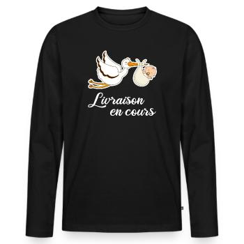 Livraison en cours cigogne grossesse - T-shirt manches longues Premium bio Homme - noir - Devant - Nico (187cm)