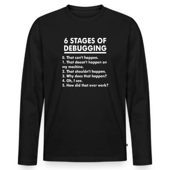 Humorvolle Illustration der Debugging-Phasen - Männer Premium Bio Langarmshirt - Schwarz - Vorne - Nico (187cm)