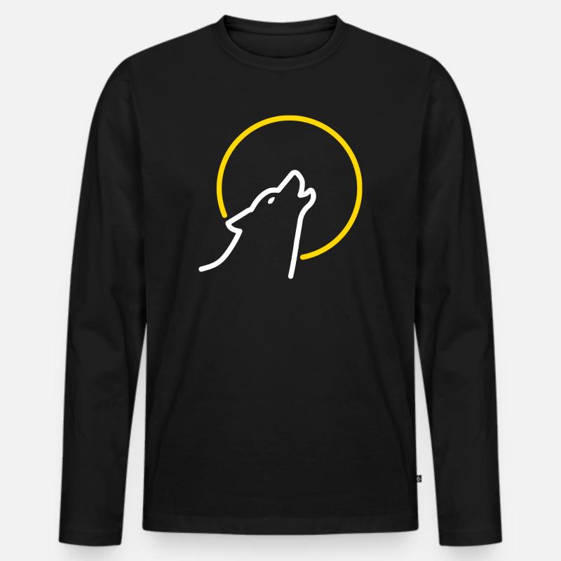 Wolf bei Vollmond - Männer Premium Bio Langarmshirt - Schwarz