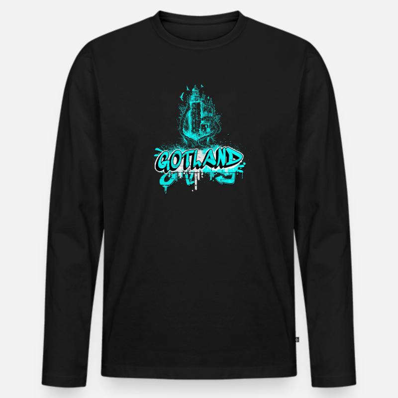 Gotland Graffiti Leuchtturm Design - Männer Premium Bio Langarmshirt - Schwarz