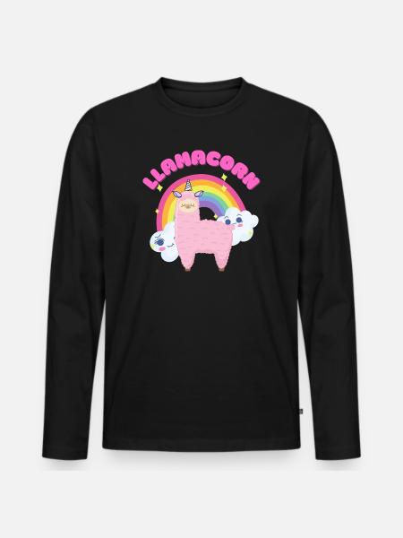 Whimsical Pink Llama with Rainbow - Men's Premium Organic Long Sleeve Shirt - black