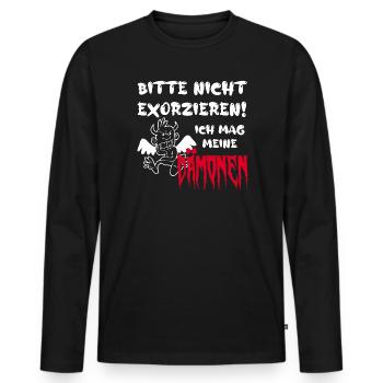 Bitte nicht exorzieren! Ich mag meine Dämonen - Männer Premium Bio Langarmshirt - Schwarz - Vorne - Nico (187cm)