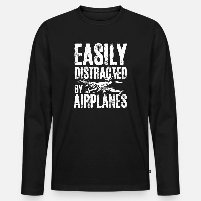 Easily distracted by airplanes - Männer Premium Bio Langarmshirt - Schwarz