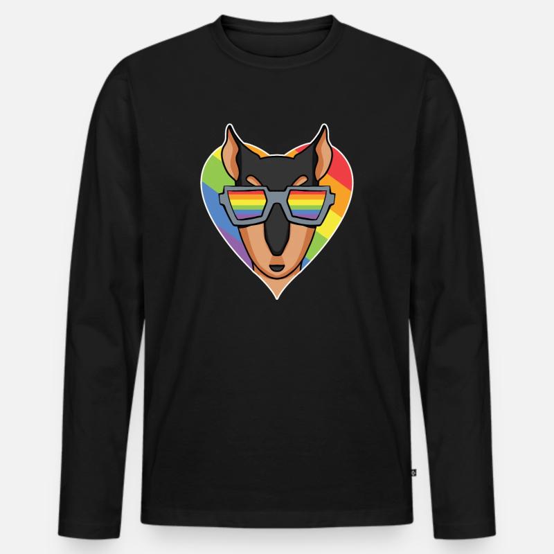 Regenbogen - Hund mit Brille - Dobermann - Männer Premium Bio Langarmshirt - Schwarz