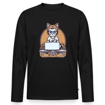 Techy Cat at Desk - Men's Premium Organic Long Sleeve Shirt - black - Front - Nico (187cm)
