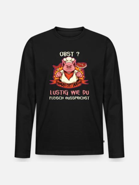 Witziges Schwein mit Fleischspruch - Männer Premium Bio Langarmshirt - Schwarz