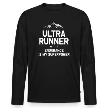 Ultra Runner - Ausdauer ist meine Superkraft - Männer Premium Bio Langarmshirt - Schwarz - Vorne - Nico (187cm)