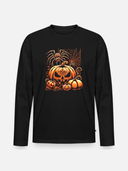 Halloween-Spinne mit Kürbissen - Männer Premium Bio Langarmshirt - Schwarz