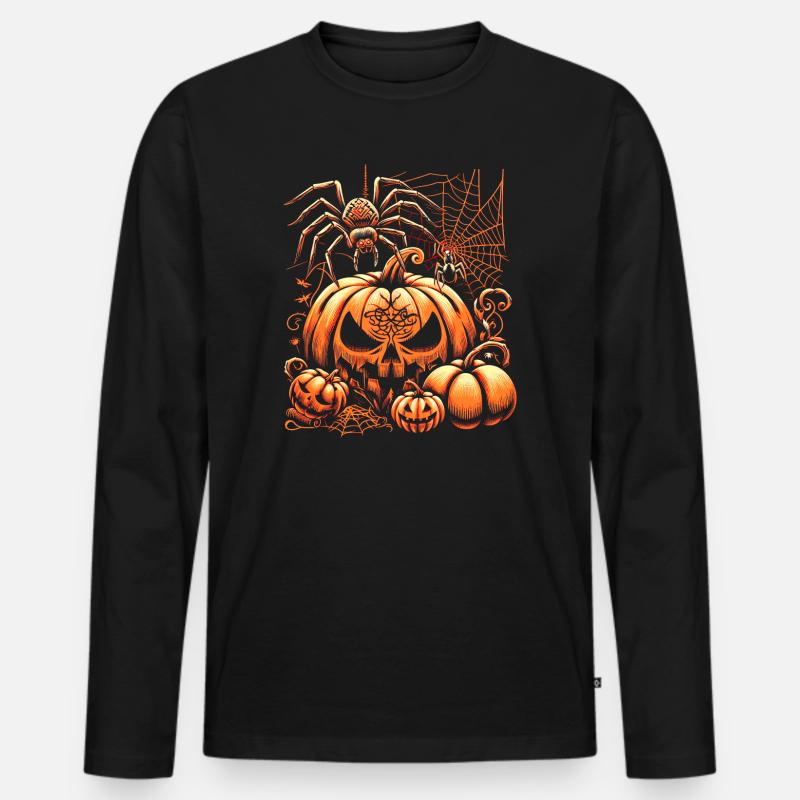 Halloween-Spinne mit Kürbissen - Männer Premium Bio Langarmshirt - Schwarz