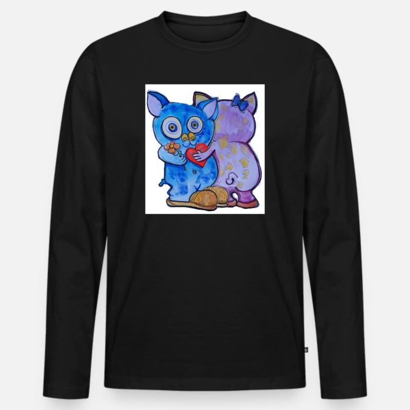 Liebes-Duo Katzengesicht mit Blumen - Männer Premium Bio Langarmshirt - Schwarz