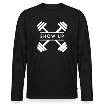Show Up Consistency Gym Motivation Shirt - Men's Premium Organic Long Sleeve Shirt - black - Front - Nico (187cm)