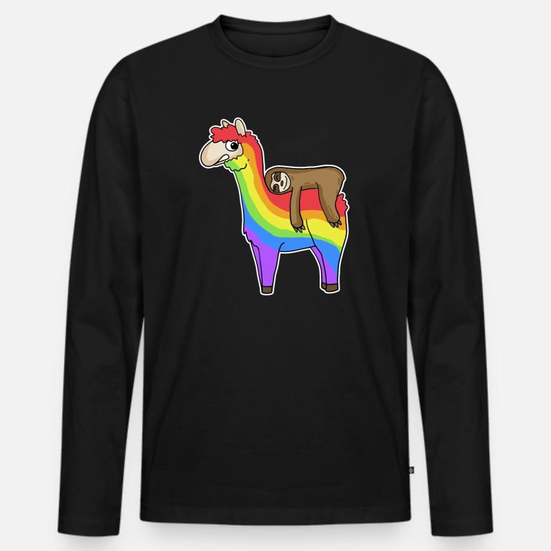 Alpaka Faultier Regenbogen Weihnachten - Männer Premium Bio Langarmshirt - Schwarz