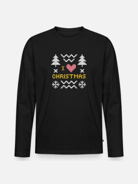 Festliches Strickherz mit Weihnachtsbäumen - Männer Premium Bio Langarmshirt - Schwarz