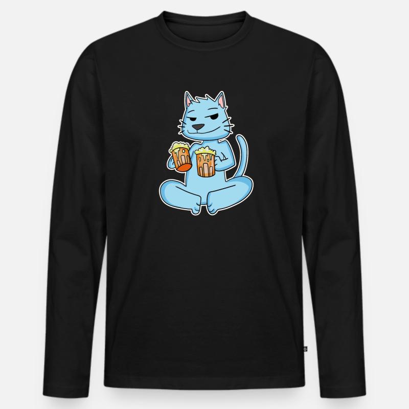 Katze mit Bier - Männer Premium Bio Langarmshirt - Schwarz