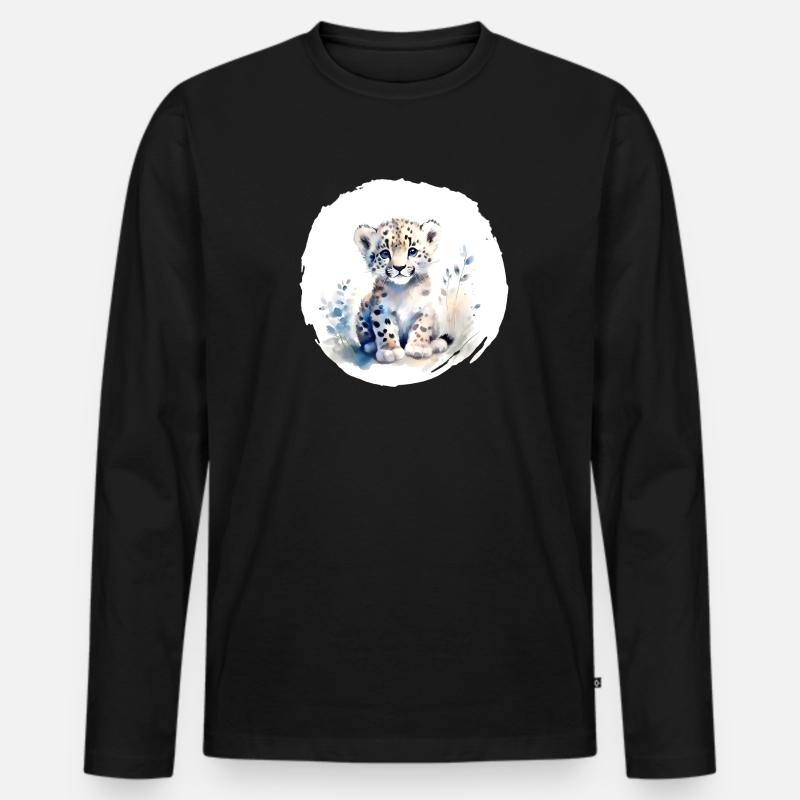 Schneeleopard Aquarell - Männer Premium Bio Langarmshirt - Schwarz