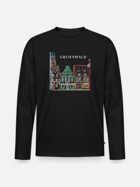 Greifswald, Fachwerk am Fischmarkt, Ostdeutschland - Männer Premium Bio Langarmshirt - Schwarz