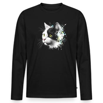 Cool cat head with colorful paint splashes - Men's Premium Organic Long Sleeve Shirt - black - Front - Nico (187cm)