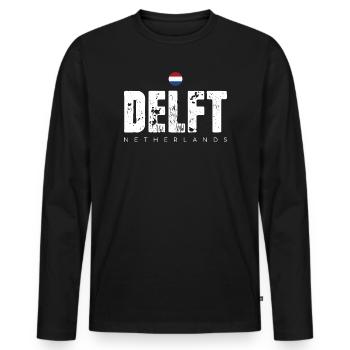 Delft Distressed Wordmark - Men's Premium Organic Long Sleeve Shirt - black - Front - Nico (187cm)