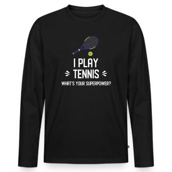 Je joue au tennis. Quel est votre superpouvoir ? - T-shirt manches longues Premium bio Homme - noir - Devant - Nico (187cm)