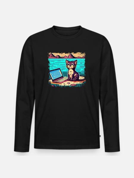 Cat with laptop - Men's Premium Organic Long Sleeve Shirt - black