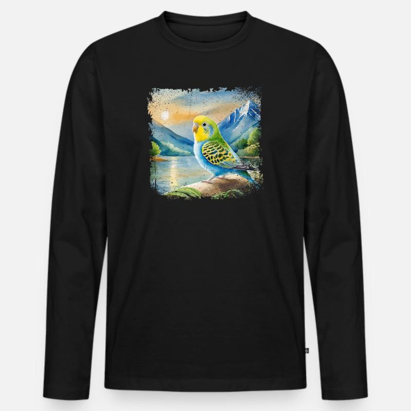 junger Wellensittich im Kinderbuchstil, Aquarell - Männer Premium Bio Langarmshirt - Schwarz