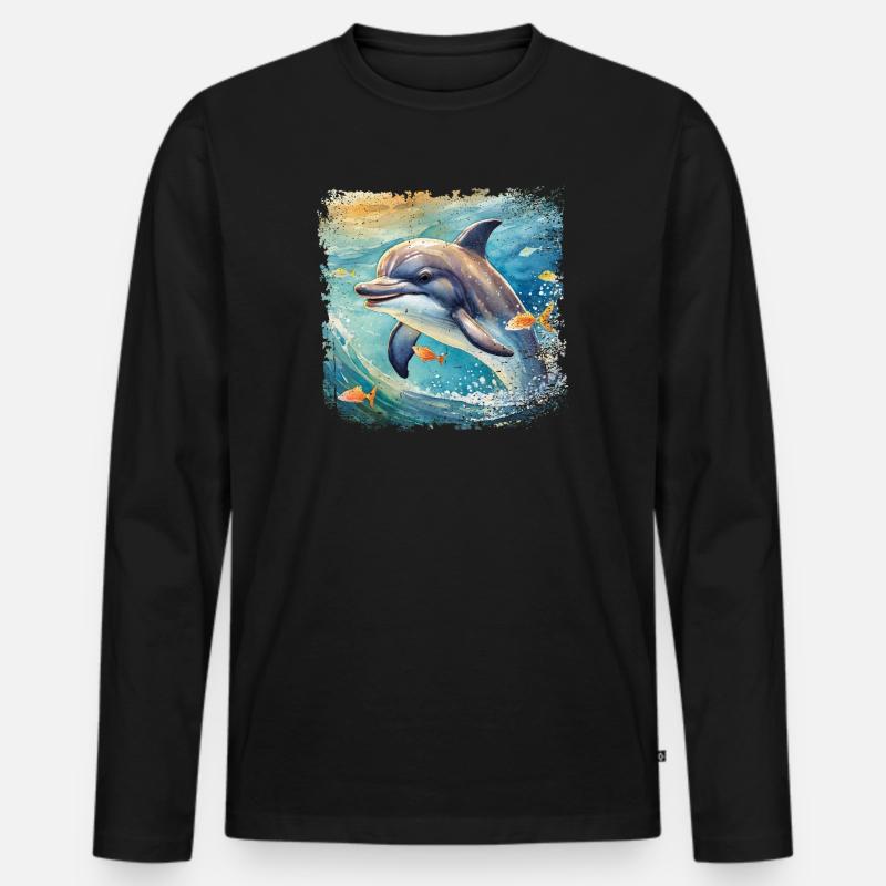 Niedlicher junger Delfin im Kinderbuchstil - Männer Premium Bio Langarmshirt - Schwarz